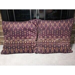 Arhaus Thai Ikat Pattern Velvety Down Throw Pillows Pair of 2 Purple Boho Decor
